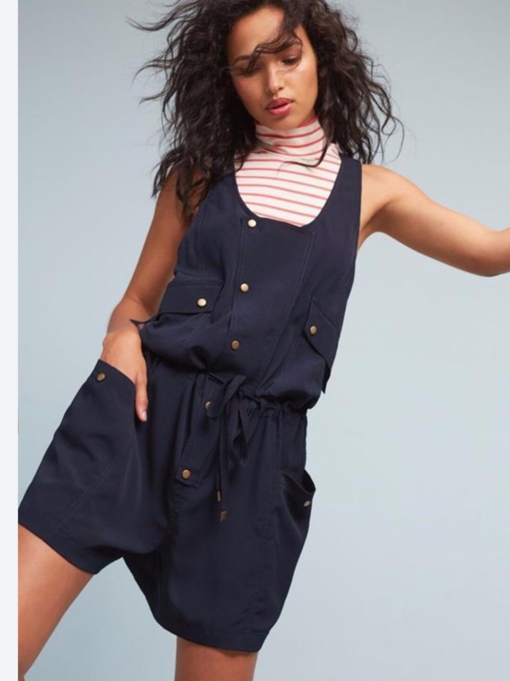 Anthropologie Navy Utility Romper with Gold Hardware